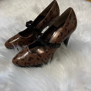 Sofft brown patent leather leopard print Mary Jane heels